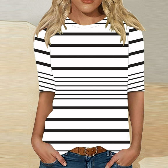 EchfiProm Tops for Women White Relaxed Fit Pullover Striped Long Sleeve Ladies T-Shirt Crew Neck