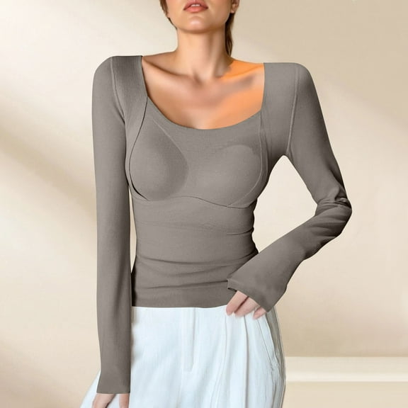 EchfiProm Tops for Women with Built in Bra Fall Ribbed Pullover Coffee Plain Long Sleeve Womens Undershirts Slim Fit