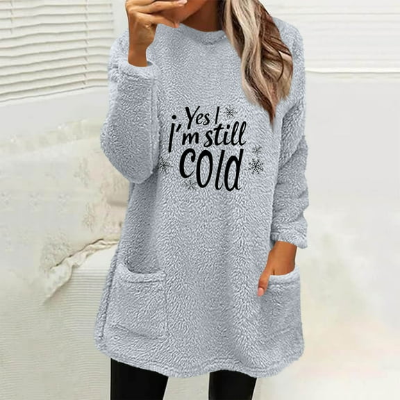 EchfiProm Tops for Women with Pocket Gray Blouse Fleece Fall Long Sleeve Loose Crew Neck Womens Coat