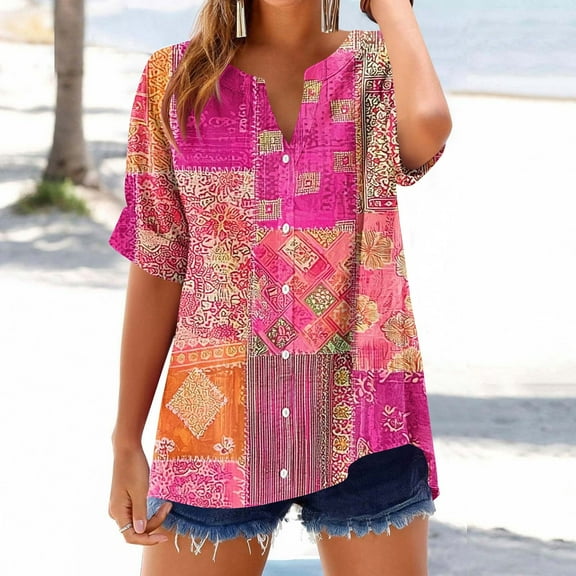 EchfiProm Tops for Womens Fall Pink V Neck Work Short Sleeve Vintage Floral V Neck Button Relaxed Fit Blouse