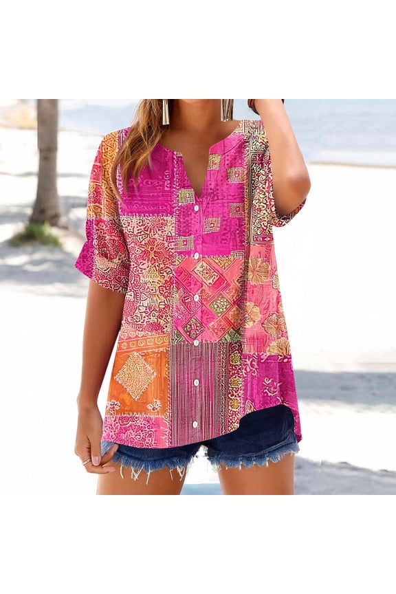 Tops for Womens Fall Pink V Neck Work Short Sleeve Vintage Floral V Neck Button Relaxed Fit Blouse