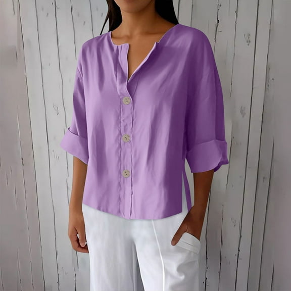 EchfiProm Tops for Womens Purple Elegant Cotton Linen Comfy Relaxed Fit Solid 3/4 Sleeve Button V Neck Pullover Tops