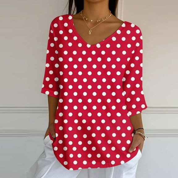EchfiProm Tops for Womens Red Y2k V Neck Fanshion Short Sleeve V Neck Relaxed Fit Polka Dot Blouse