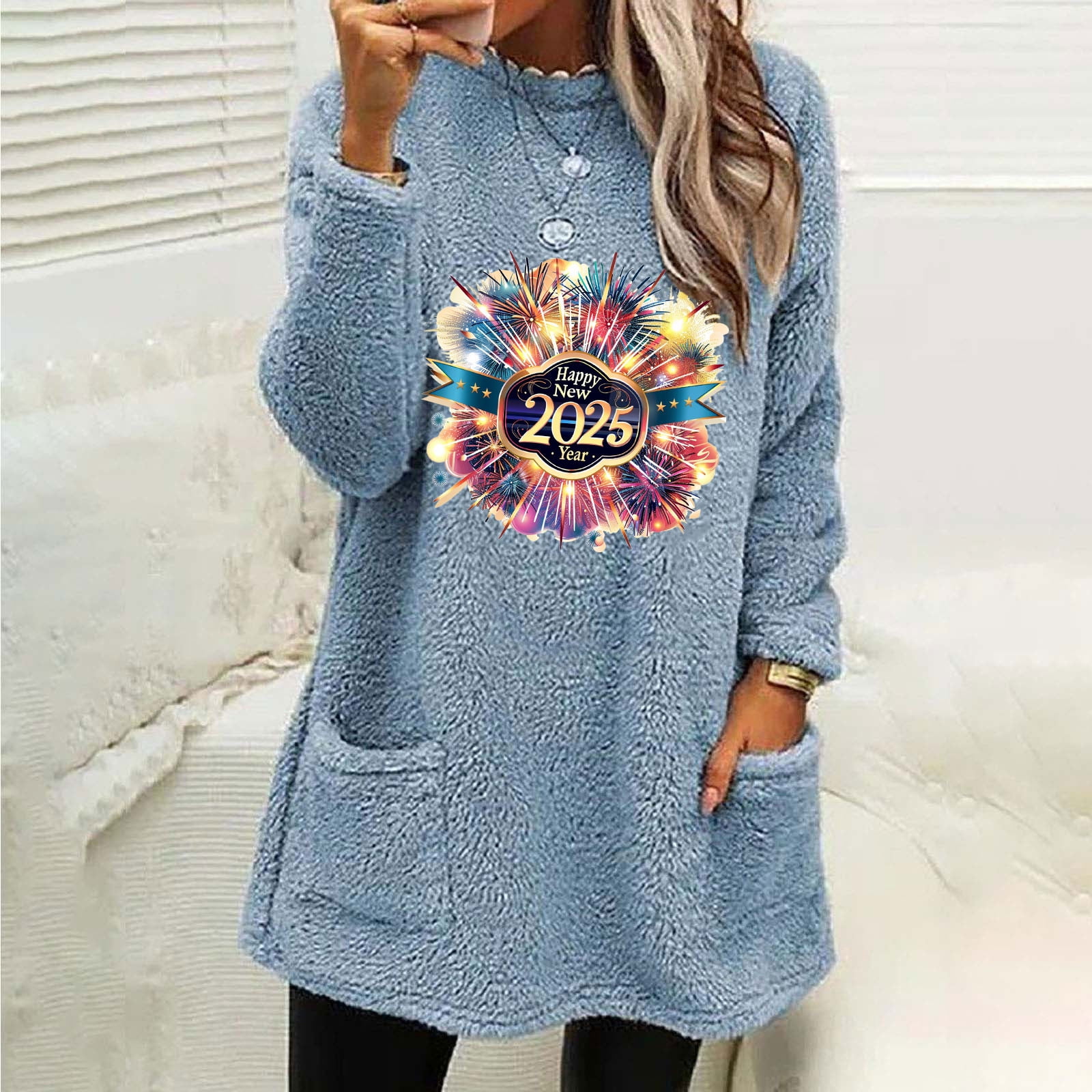 EchfiProm Tops for Womens Trendy Blue Long Sleeve Fleece Floral Happy