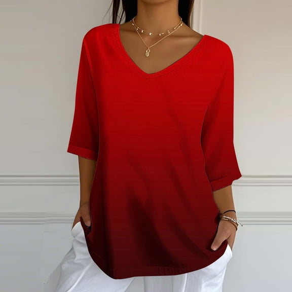 EchfiProm Tops for Womens V Neck Cute Red Casual Relaxed Fit Cotton Linen Gradient Short Sleeve Shirts