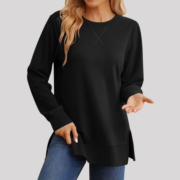 EchfiProm Trendy Shirts for Women Black Tops Long Sleeve Solid Tunic Blouse Slit Hem Ladies Loose