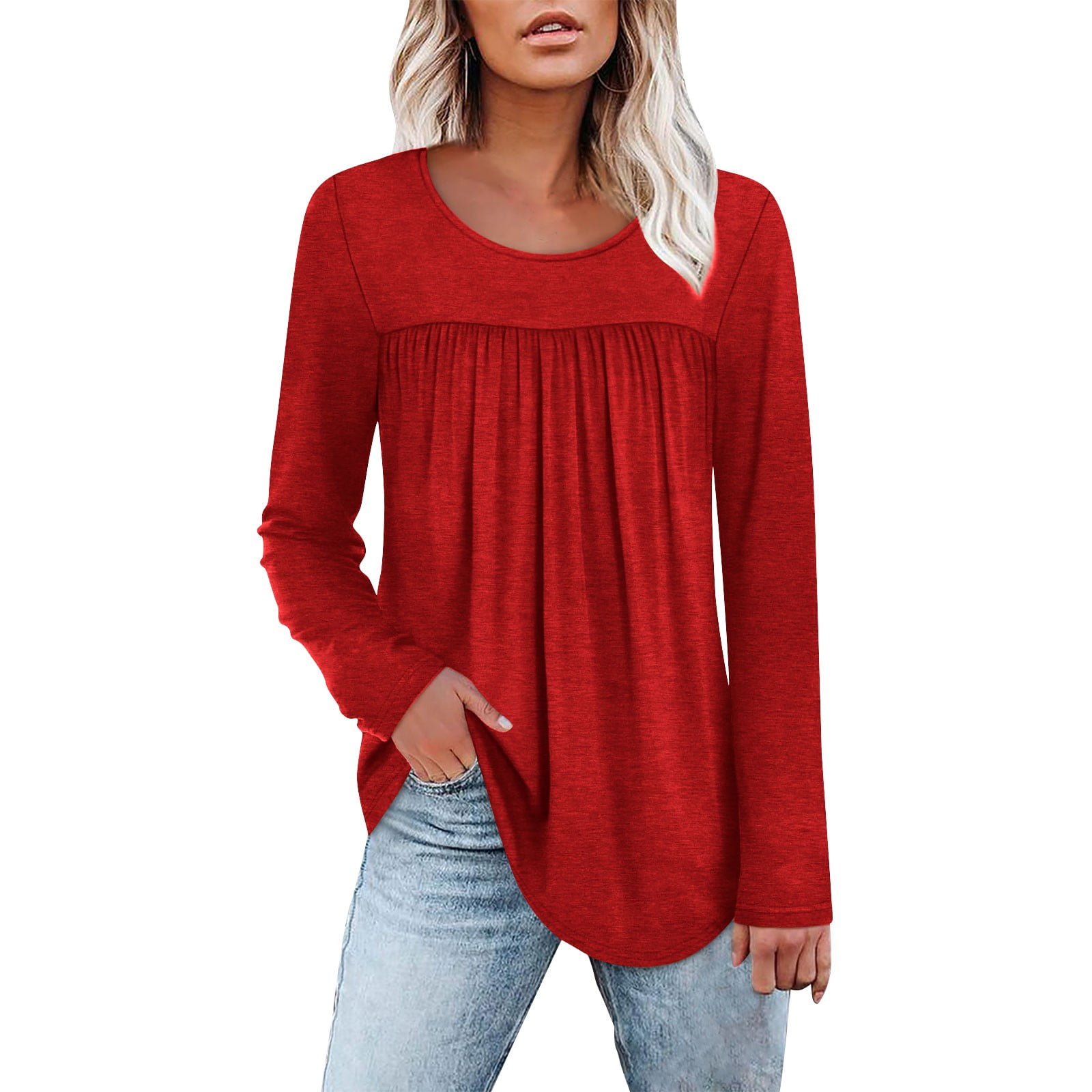 EchfiProm Trendy Tops for Women Red Shirts Tunic Crew Neck Solid Blouse ...