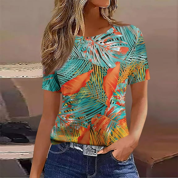 EchfiProm Tunic Blouses for Women Green Casual 2025 Dressy Short Sleeve Crew Neck Graphic Basic Shirts L
