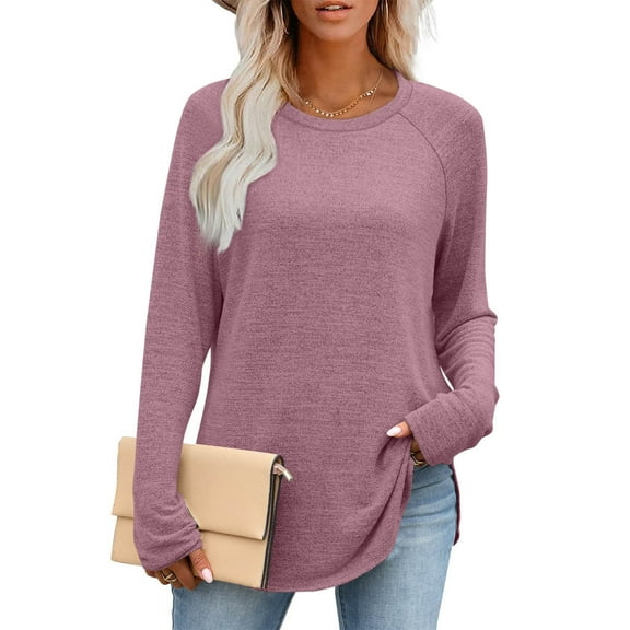 EchfiProm Tunic Tops for Women Long Sleeve Shirts Pink Blouse Casual Relaxed Fit Crew Neck Ladies