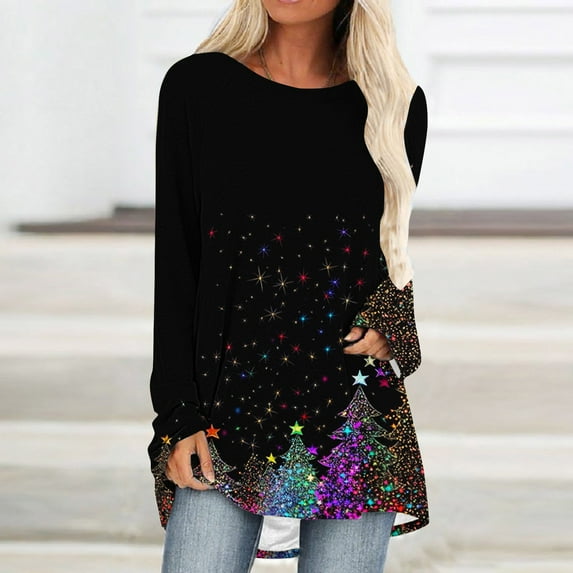 EchfiProm Tunic Tops for Women Loose Fit Long Sleeve Graphic Dressy Christmas Snowman Fall Females Shirts