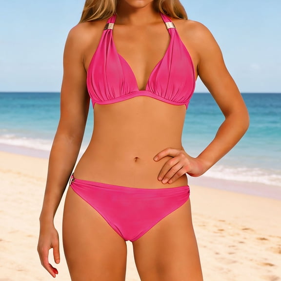 EchfiProm Two Piece Swimsuit for Women Swimwear High Cut Pink Bikini High Waisted Halter Beach Adults Bathing Suits