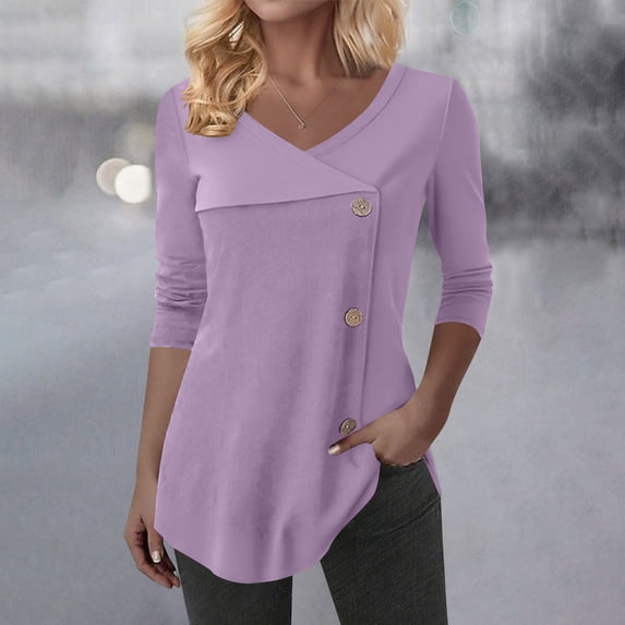 EchfiProm V-Neck Shirts for Women Winter Tops Solid Purple Long Sleeve Blouse Loose Womens Tunic