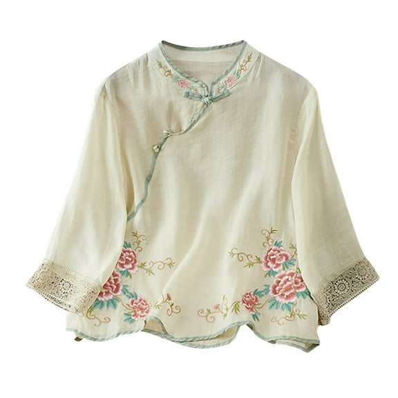 EchfiProm V-Neck Tee Shirts Womens 3/4 Sleeve Khaki Pullover Cotton Linen Embroidered Flowers Loose Fit Fashion Shirts