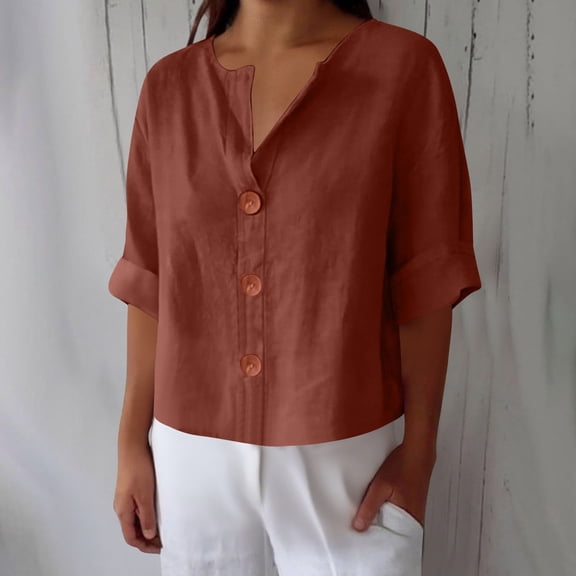 EchfiProm V-Neck Tops for Women Brown Cotton Linen Shirts 3/4 Sleeve Fall Blouse Button down Solid Loose Ladies