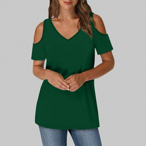 EchfiProm V Neck Tops for Women Green Trendy Tunic 2024 Comfort Solid Short Sleeve Off Shoulder Blouses XL