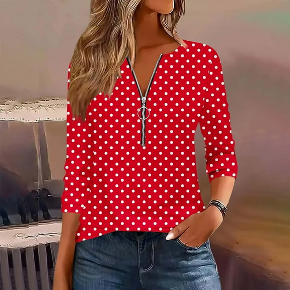 EchfiProm V-Neck Tops for Women Half Zip Fall Pullover Long Sleeve Polka Dot Red Womens T-Shirt Relaxed Fit