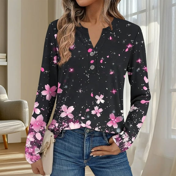 EchfiProm V-Neck Tops for Women Long Sleeve T-Shirts Winter Relaxed Fit Pullover Floral Pink Button Ladies