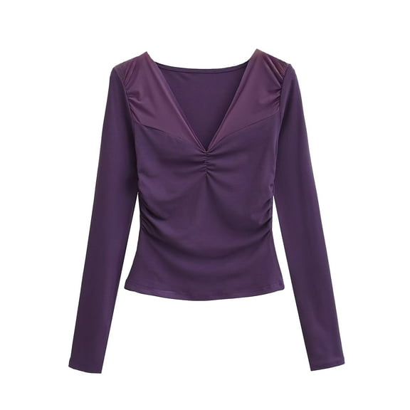 EchfiProm V-Neck Tops for Women Solid Slim Purple Long Sleeve Womens T-Shirt