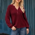 thumbnail image 1 of EchfiProm V-Neck Tops for Women Waffle Shirts Winter Long Sleeve Pullover Wine Loose Solid Ladies, 1 of 9