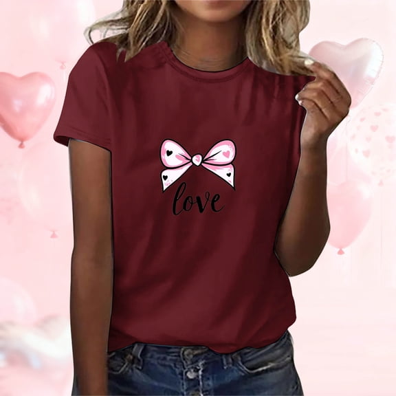 EchfiProm Valentine Shirts for Women Graphic Tee Bow Print Basic Short Sleeve Ladies Tops Cute