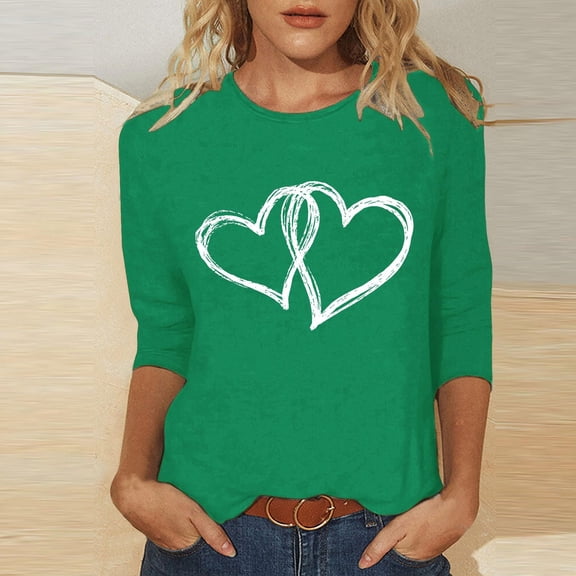 EchfiProm Valentine Shirts for Women T-Shirt Valentines Day Love Heart 3/4 Sleeve Funny Green Ladies Top