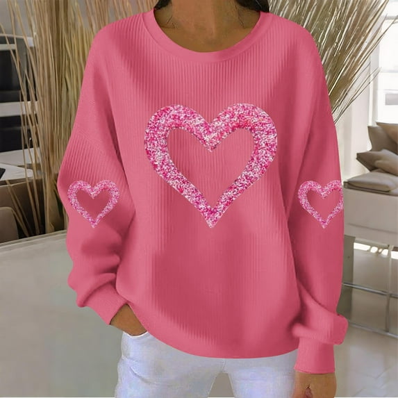 EchfiProm Valentine Sweatshirts for Women Cute Pullover Crewneck Heart Graphic Ribbed Valentine Day Hers Tops