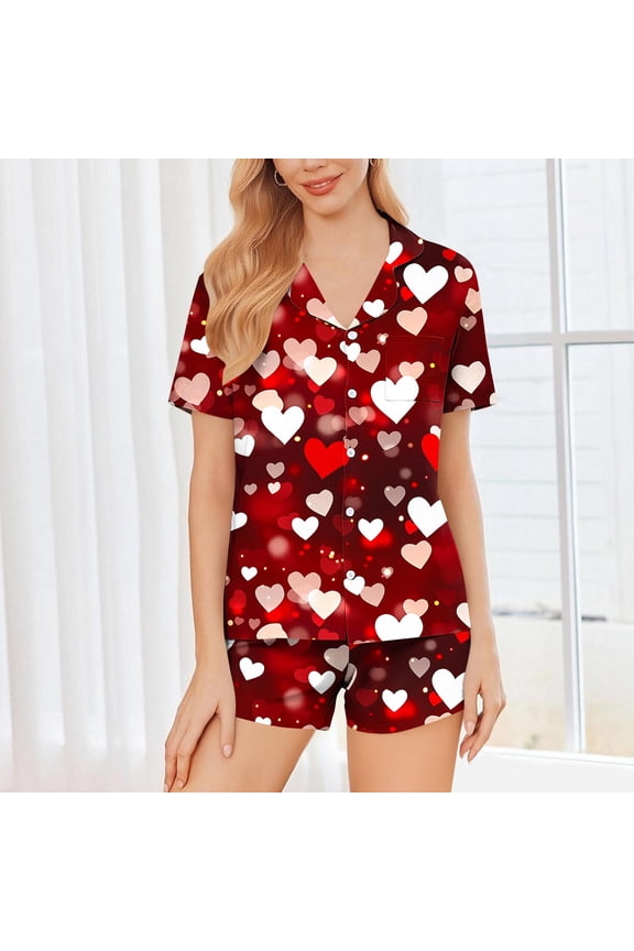 Valentines Pajamas for Women Set Short Sets Sleepwear Wine Summer Young Womens 2 Piece Pjs Button down