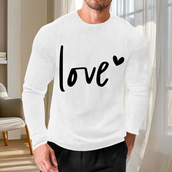 EchfiProm Waffle Graphic Tees for Men Valentine Shirts White Long Sleeve Summer Love Young Mens Tops S