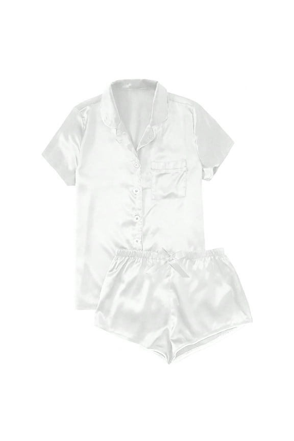 White Sleepwear for Women Short Sleeve Shirts Satin Shorts Sleepwear Sets L