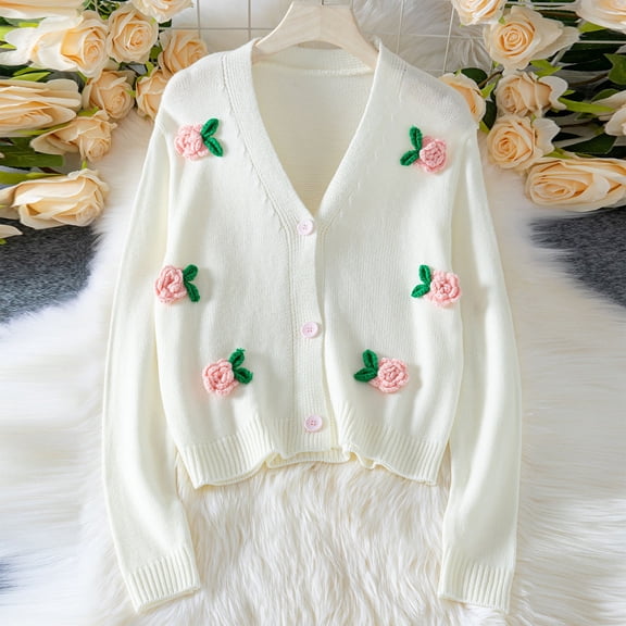 EchfiProm White Sweaters Women Fall V Neck Button down Knit Loose Cardigan Long Sleeve Solid 3D Flower Sweater Jacket