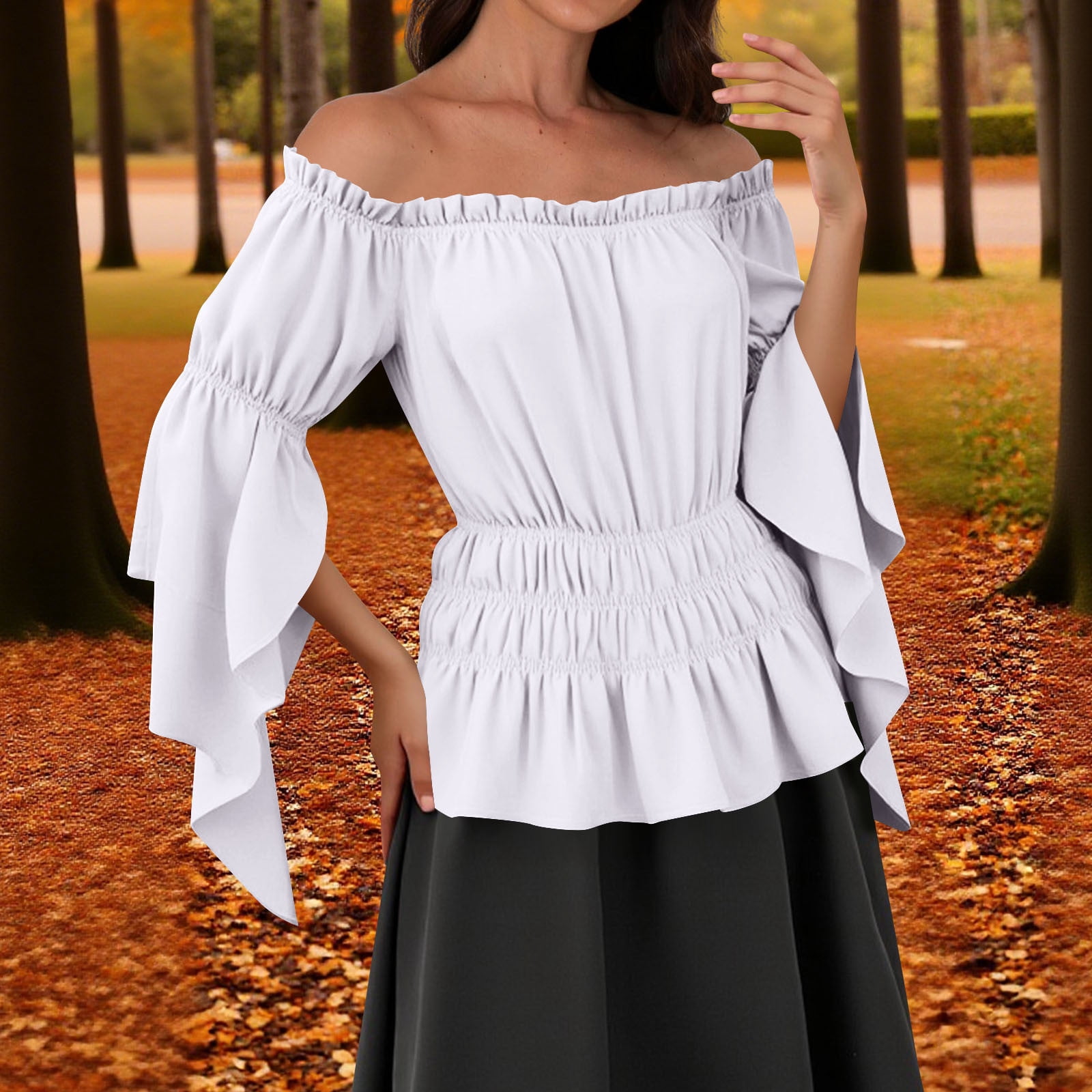 EchfiProm Womens Off Shoulder Shirts Fall Boat Neck Tops Coffee