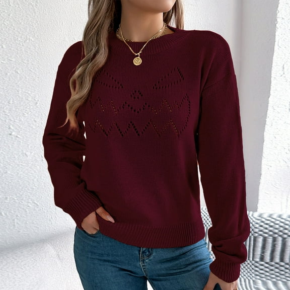 EchfiProm Wine Women Sweaters Pullover Y2k Comfort Long Sleeve Crew Neck Solid Knit Sweater Top XL