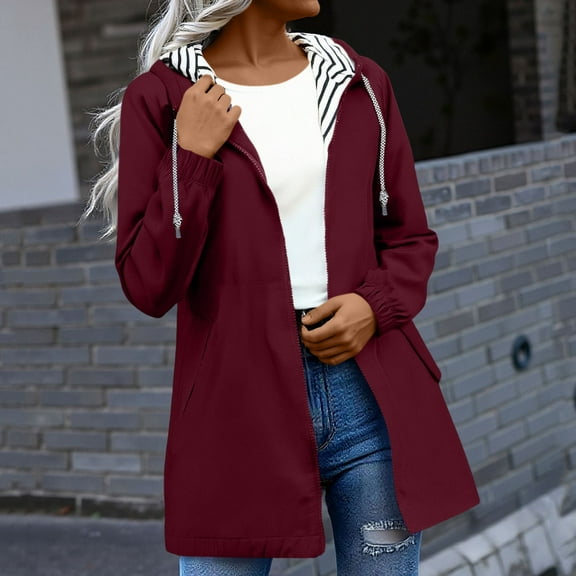 EchfiProm Wine Womens Rain Jacket Waterproof Zip-up Windproof Outdoor Mid-Weight Waterproof Hooded Outwear