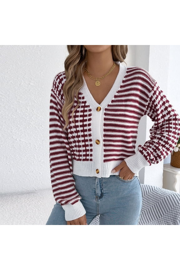 Winter Crop Sweaters Women V Neck Red Button down Knit Cardigan Fanshion Striped Long Sleeve Sweater