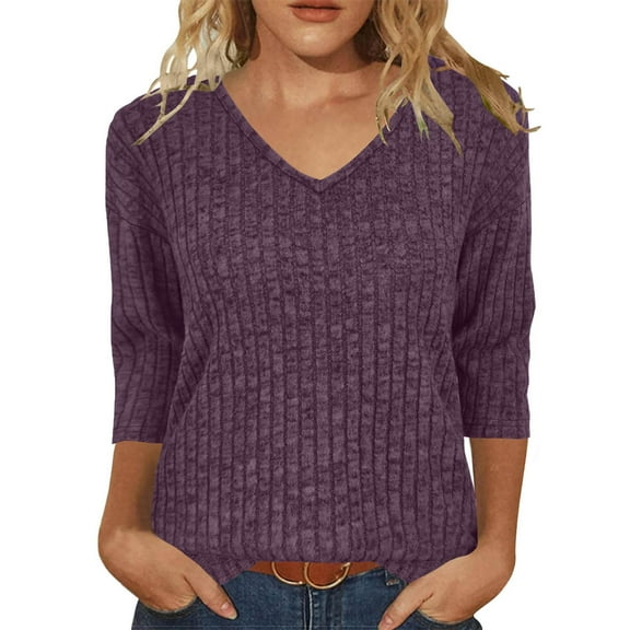 EchfiProm Winter Shirts for Women 3/4 Sleeve Tops Relaxed Fit Pullover V-Neck Solid Womens Purple