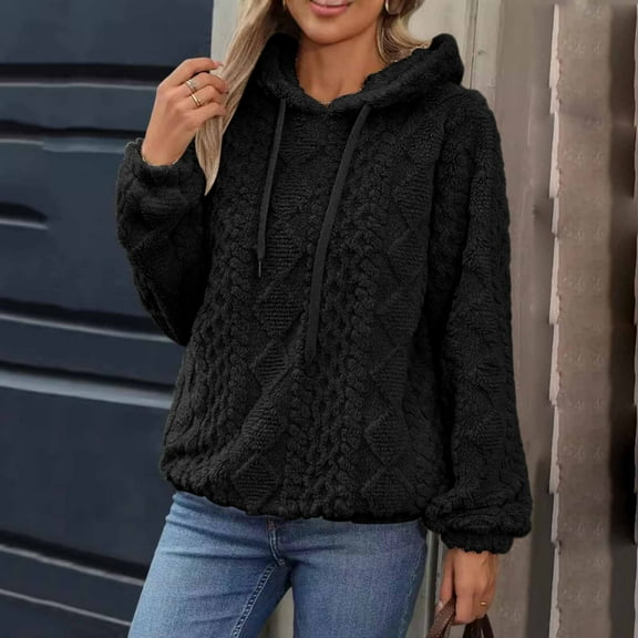 EchfiProm Winter Tops for Women Hooded Loose Long Sleeve Fleece Black Womens Hoodie Jacket Solid
