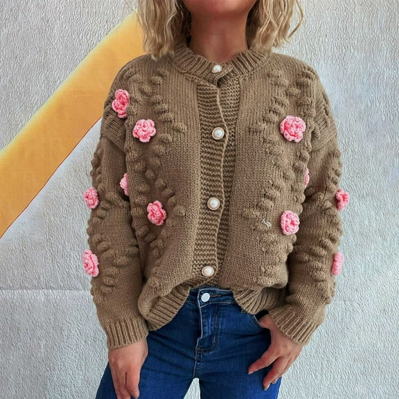 EchfiProm Winter Women Chunky Sweaters Brown Cardigan V Neck Comfort Long Sleeve Button down Solid 3D Flower Sweater