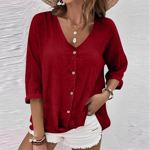 EchfiProm Women Button down Tops Elegant Wine Office V Neck Long Sleeve Classic Fit Solid Pullover Tops