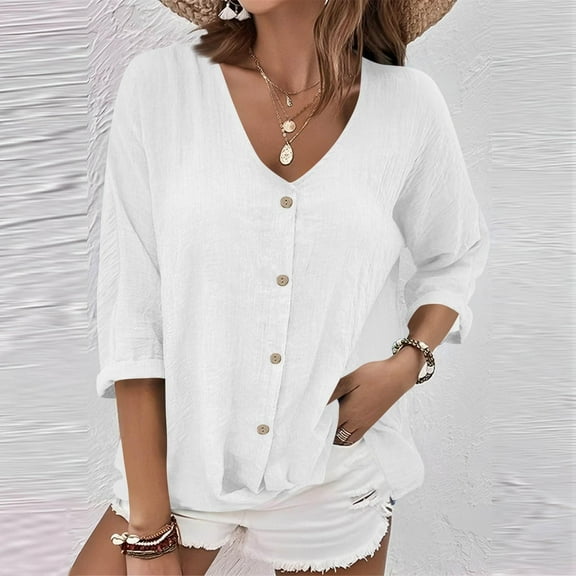 EchfiProm Women Button down Tops White Boho Trendy V Neck Long Sleeve Solid Classic Fit Pullover Tops