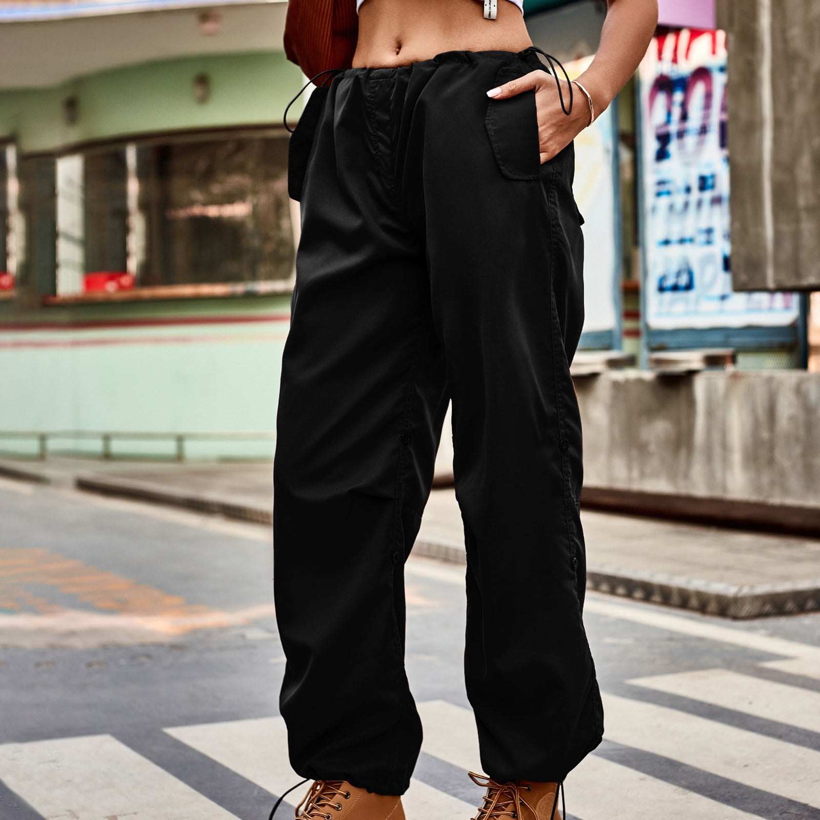 EchfiProm Women Cargo Pants Pockets Oversized Stretch Waist Black Pants