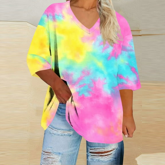 EchfiProm Women Plus Size Tops Y2k Office V Neck 3/4 Sleeve Tie-Dye Classic Fit Shirts