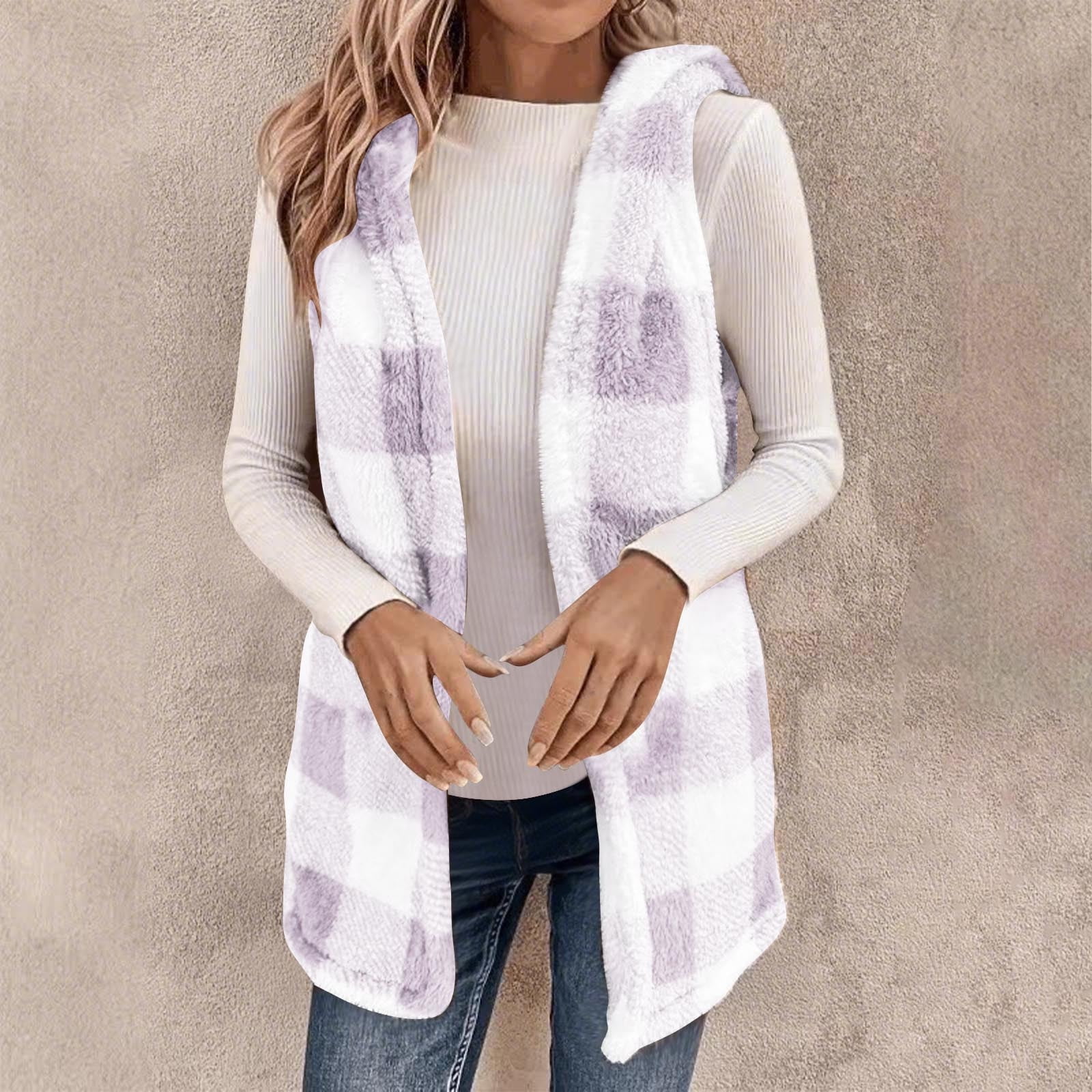 Hooded Loose Plaid Bubble Fleece Cardigan Jacket