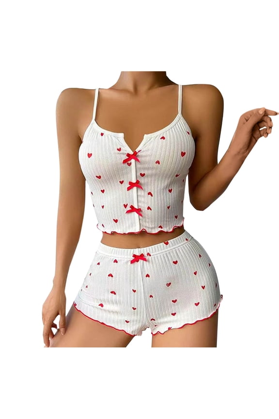 Women Sleepwear Pajama Set Red Camisole Top Shorts Sleepwear Sets XXL