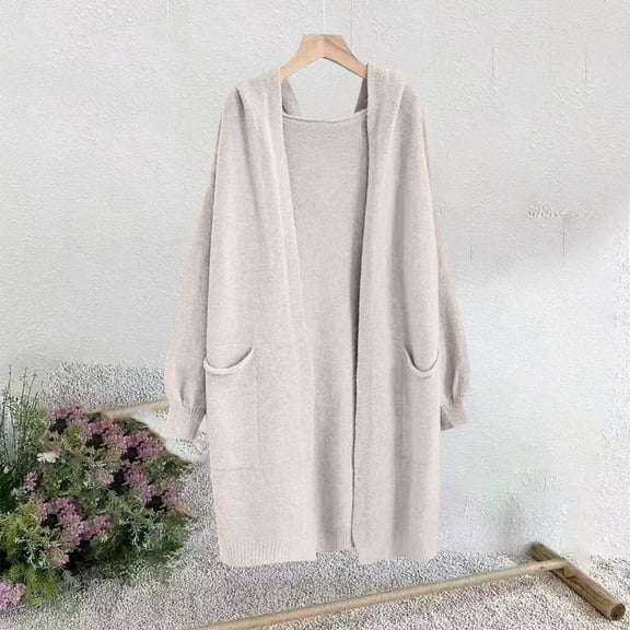 EchfiProm Women Sweaters Lightweight Beige Duster Hooded Knit Office Cardigan Long Sleeve Solid Sweater Coat with Pockets