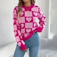 thumbnail image 1 of EchfiProm Women Sweaters Pink Crew Neck Pullover Cute Office Garter Stitch Knit Long Sleeve Plaid Heart Sweater Top, 1 of 8