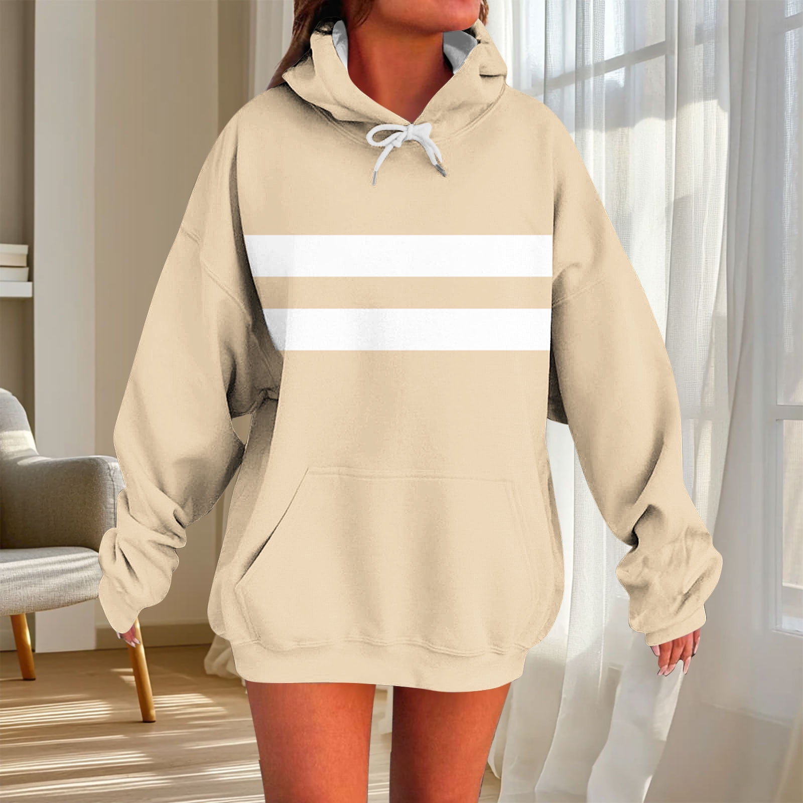 EchfiProm Women Sweatshirts Fall Pullover Beige Hooded Colorblock — free download