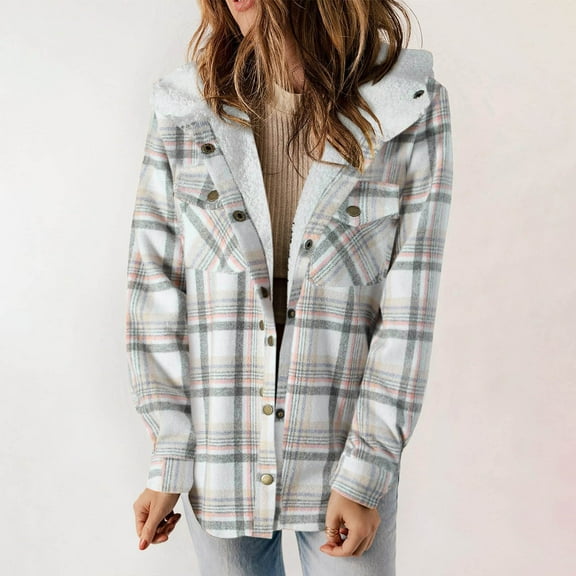 EchfiProm Women's Gray Plaid Hooded Jacket Fleece Lined Long Sleeve Button Front Coat