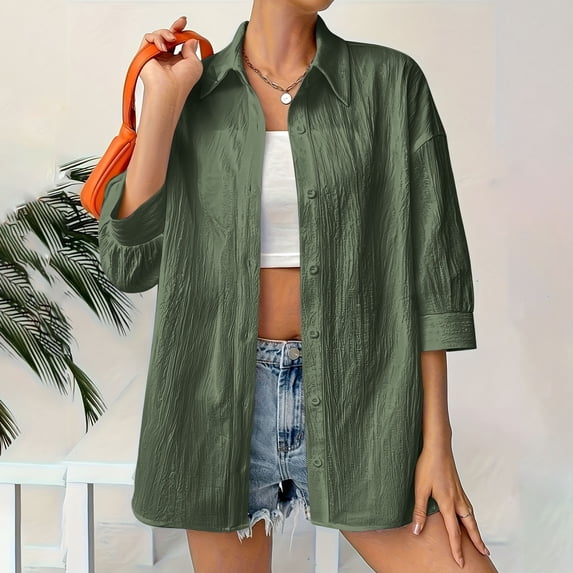 EchfiProm Womens 3/4 Sleeve Shirts Army Green Collared Tops Lapel Button down Pullover Elegant for Women Casual