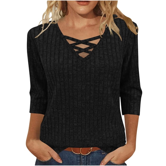 EchfiProm Womens 3/4 Sleeve T-Shirts Casual Ribbed Tops Relaxed Fit V-Neck Pullover Black for Ladies Solid