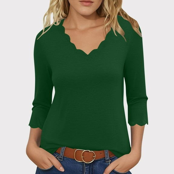EchfiProm Womens 3/4 Sleeve Tops Army Green T-Shirts Plain Pullover Fall Relaxed Fit for Women V-Neck
